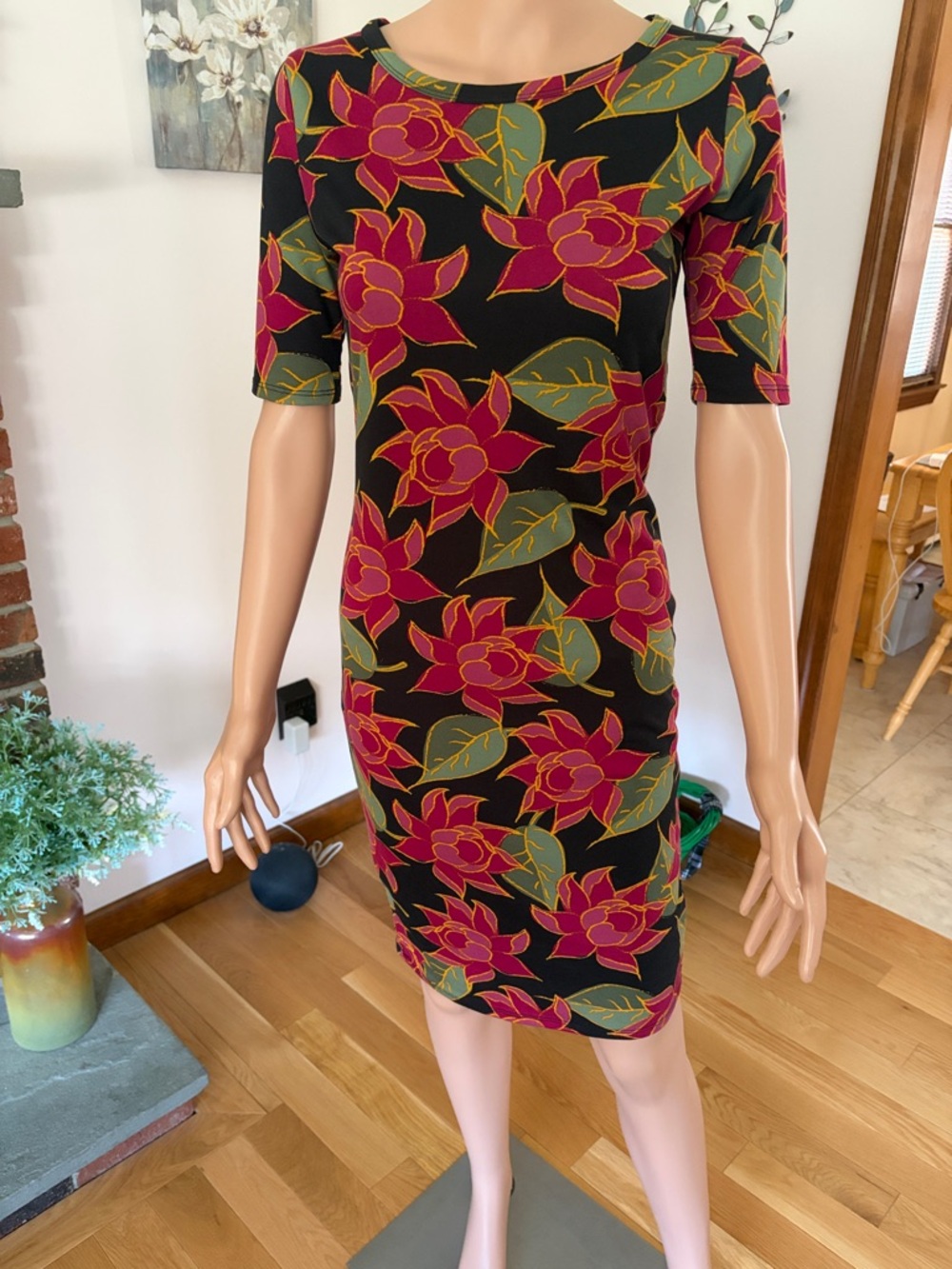 LuLaRoe Black Midi Dress with Fuchsia Floral Print